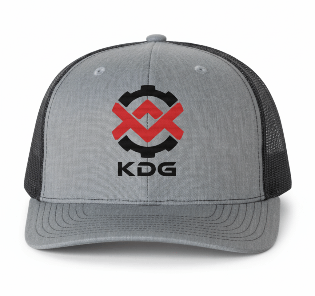 Grey and Navy KDG trucker hat with the red and Black KDG logo on the front.