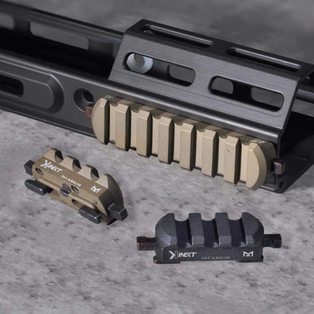 Kinect M-LOK quick-detach Picatinny rail sections in tan and black finishes, including a long tan rail mounted on a black handguard and two shorter sections, one tan and one black,