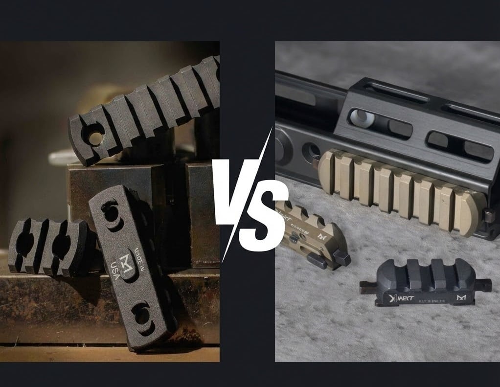 Split screen graphic showing a pile of standard screw-in M-LOK rails on the left and Kinetic Development Group Kinect QD mounts attached to a handguard on the right, separated by a VS logo.